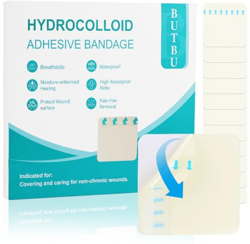 BUTBU 12 st 5 cm x 5 cm extra fina hydrokolloidförband, vattentäta, andningsbara självhäftande bandage, hudvänliga, lämpliga för lätta exsudatsår, brännskador, blåsor och akne