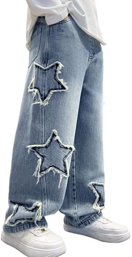 Happy Cherry Jeans Ragazzi Bambino Gamba Larga Pantaloni Denim Cotone Comodi Primavera Autunno Y2K Loose Fit Pants Blu con Tasche 9-10 Anni