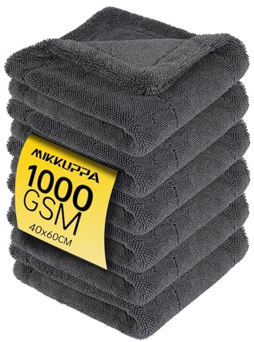 MIKKUPPA Mikrofasertücher Auto 1000 GSM, 40x60 cm, 6er Set | extra groß und extrem saugstark, beidseitig verwendbar, fusselfrei und lackschonend
