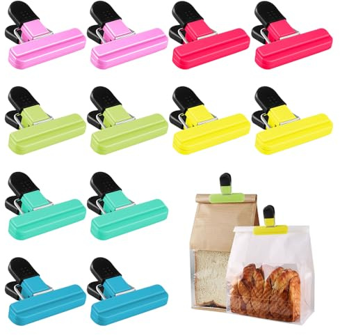 Fermeture Sachet Alimentaire, 12 Pièces Pince Sachet Alimentaire Cuisine 6 Couleurs, Reutilisable Pince Plastique Fermeture pour Cuisine Maison Bureau