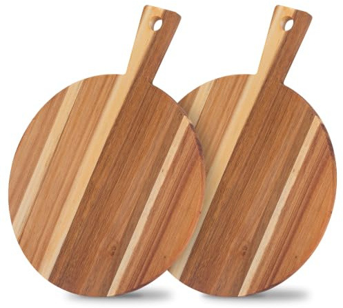 2 Pack Pizza Board, 30 cm /12 Inch Round Wooden Chopping Boards with Handle, Acacia Wood Cutting Board for Kitchen, Food Serving Platter Board for Pizza, Cheese, Fruits, Vegetables, Bread