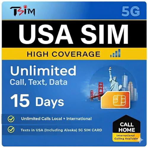 Tarjeta SIM USA 15 días con Call Home | Alta Cobertura de Red | Datos ilimitados en la Red | Llamadas/SMS Locales + internacionales ilimitados en EE. UU. (Incluido Alaska) | Tarjeta SIM 5G