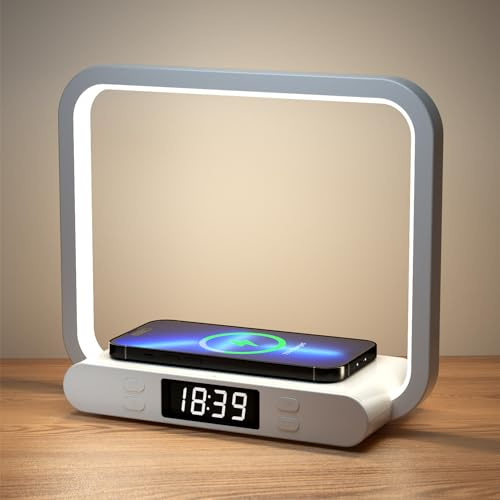 VOSFEEL Nachttischlampe mit 15W Kabelloser Ladefunktion & USB-Anschluss, Nachttischlampe mit Uhr,Touch Dimmbar 3 Helligkeitsstufen Tischlampe Für Schlafzimmer Wohnzimmer Büro