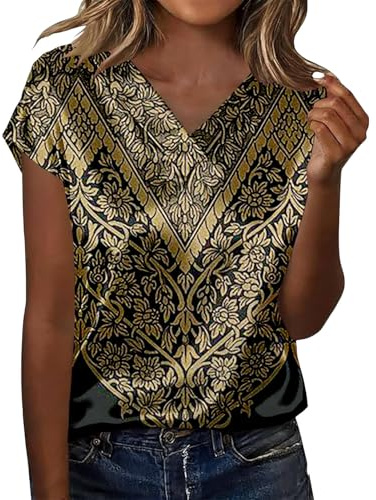 Gyaimxfu Maglietta Donna Elegante Seta Estive Estive Blusa in Raso Manica Corta Scollo a V Seta Blusa Taglie Forti con Colletto E Bottoni Tops Oversize Floreale T-Shirt per Tempo Libero Ufficio Festa