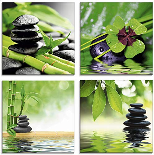 ARTland Wanddeko Glasbilder Wandbild Glas Bild Set 4 teilig je Quadratisch Asien Wellness Zen Steine Kleeblatt Pyramide Wasser Enstpannung S6MG