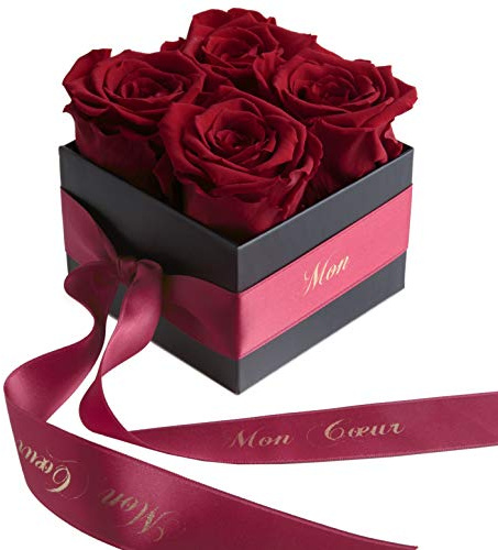 Rosenbouquet Flowerbox Mon Coeur - Mein Herz 4 ewige Rosen langhaltend 3 Jahre/Blumenbox/Rosenbox/Liebe/Liebesbotschaft von ROSEMARIE SCHULZ® Heidelberg (Dunkelrot)