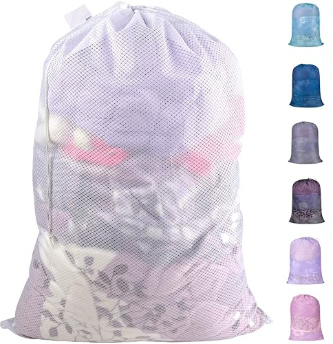 Polecasa Heavy Duty Diamond Mesh Laundry Bags 24x36 - Large Commercial Grade Laundry Bag with Drawstring & ID Tag for College Dorms, Travel, Sports Equipment – White