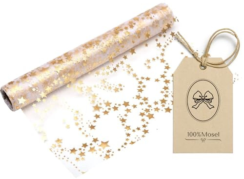 100%Mosel Runner da Tavola in Organza, Stelle Oro/Metallizzato (28 cm x 5 m), Runner Trasparente, elegante Decorazione da Tavola per Natale & Avvento, Decorazione festiva per occasioni Speciali