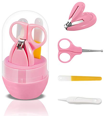 SONARIN Transparenter Deckel Baby Nagel Kit, 4-in-1 Baby Pflege set, mit Baby Nagelknipser,Schere,Nagelfeile und Pinzette, Baby Nagelpflege Set für Neugeborene oder Kleinkinder(Rosa)