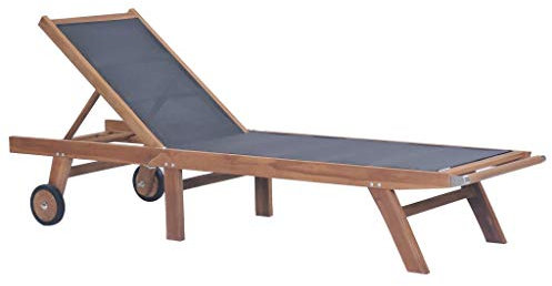 Festnight- Sonnenliege Klappbar mit Rollen,Griff und 2 Rädern Gartenliege Relaxliege Liege Teak Massivholz und Textilene 206 x 60 x 35 cm