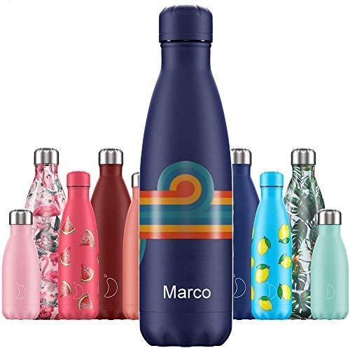 Sterngraf Chillys Isolierflasche MIT Gravur (z.B. Namen) Retro Swirl Wirbel blau 500 ml, hält bis zu 12 Std heiß / 24 Std kalt, auslaufsicher, kohlensäuredicht, Thermo-Flasche Trinkflasche Bottle