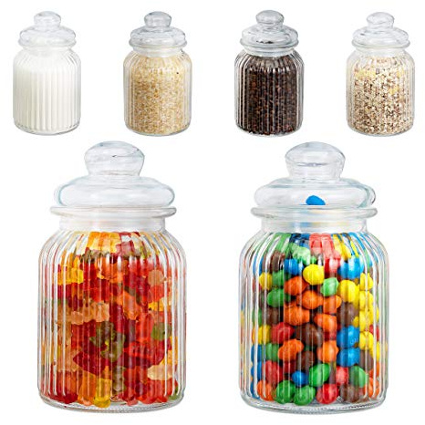 Relaxdays Tarros herméticos, Con tapa, 1000 ml, Almacenaje en la cocina, Vintage, 6 Uds., Transparente