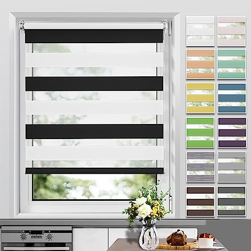 Allesin Doppelrollo Klemmfix ohne Bohren & mit Bohren, Duo Rollos für Fenster und Tür, Klemmrollo Fensterrollo lichtdurchlässig, Sichtschutz und Sonnenschutz, 95x140cm (BxH), Schwarz-Weiß