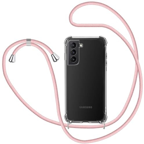 SAMCASE Schutzhülle für Samsung Galaxy S21 5G, Schutzhülle für Telefon mit Kordel, transparent, TPU, Bumper, Lanyard Case, Kordel zum Umhängen, Roségold
