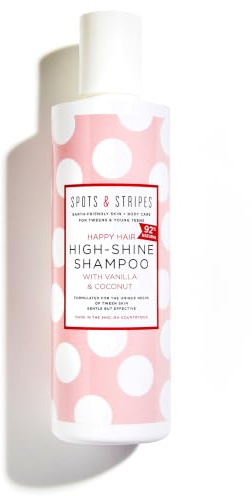 Spots & Stripes - Happy Hair High Shine Shampoo for Girls, 92% Natural Kids Shampoo with Virgin Coconut and Vanilla, Leaves Hair Smooth, Sweet-Smelling and Fantastically Shiny, Sulphate Free (250ml)