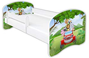 Clamaro 'Schlummerland' Kinderbett 80x180 (bis 150kg belastbar) mit Motiv, Rausfallschutz, Kantenschutz, Matratze und Lattenrost | Jugendbett Weiß | Motiv: 02 Dschungel Auto