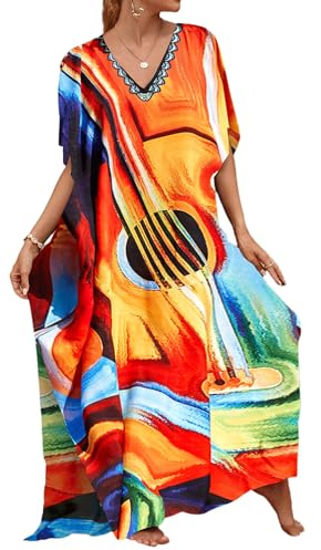 Bsubseach Damkaftan, lös, färgglad strand-cover up, kortärmad klänning, för att täcka baddräkten, En Storlek