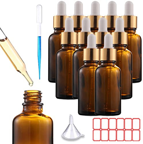 ToKinCen 12Stk 30ml Pipettenflasche Bernsteinfarbene Glasflaschen Öl Flaschen Apothekerflasche mit Glaspipette, Tropfflasche aus Braunglas für ätherische Öl Aromatherapie Verwenden