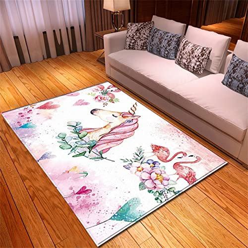 Teppich Einhorn 3D Rainbow Horse Print Kinderteppich Spiel Bodenmatte rutschfest Junge Mädchen Teppich Wohnzimmer Schlafzimmer Schwarz Grau Rosa Blumen Einhorn Fußabtreter (Farbe1,120 x 160 cm)