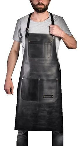 DarkRabbit Lederschürze – Leder Grillschürze, Küchenschürze für Köche, Barkeeper Barista Schürze, Kochgeschenk, verstellbar von S bis 4XL für Männer und Frauen (Schwarz)