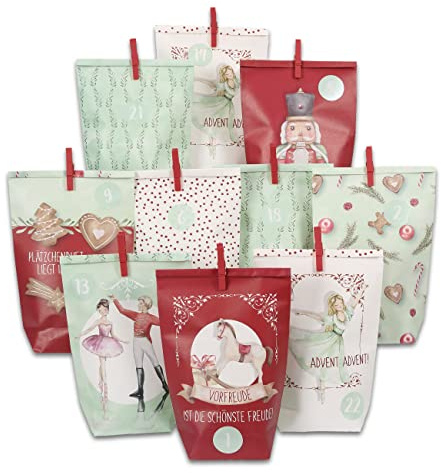 Papierdrachen Adventskalender 2025 zum Befüllen - Nussknacker-Motiv - 24 Papiertüten in Rot & Mint mit Zahlenaufklebern & Klammern - DIY Bastelset
