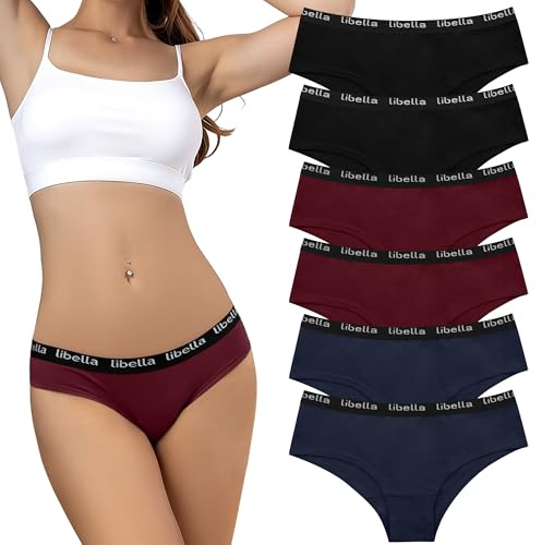 Libella Culotte Femme Lot de 6 Coton Taille Basse Slip Confort Respirant Sport sous-vêtements Élasticité Hipster Multipack,Noir Rouge Bleu S