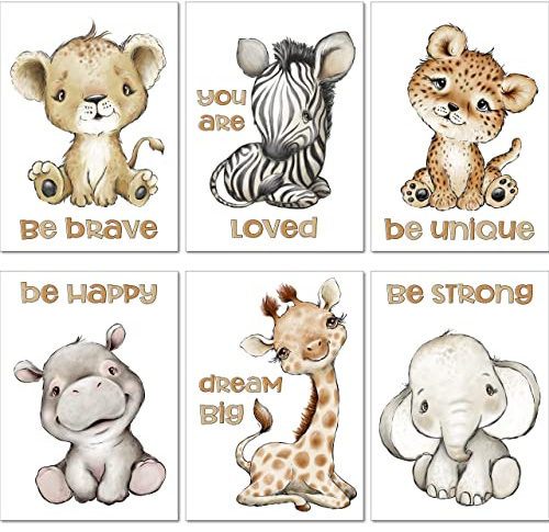 LALELU-Prints Bilder Kinderzimmer Poster Babyzimmer Deko Mädchen Jungen Kinderbilder Set Kinderzimmerbilder (Dschungel beige 6er Set)