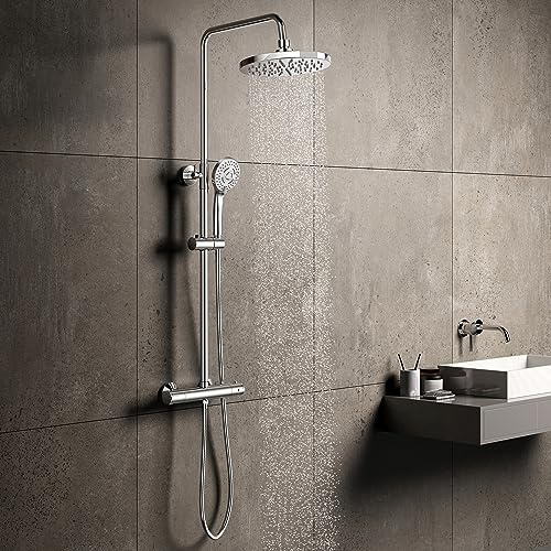 Regendusche mit armatur,YOOZENA Duschsystem Duscharmatur mit Thermostat, Duschkopf mit schlauch und halterung, Dusche regendusche set,Chrome Rund