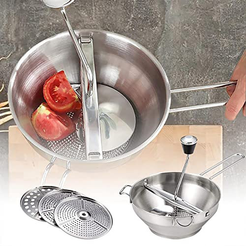 KIPEKE Stainless Steel Food Mill, 19cm/7.5 Rotary Food Mill Sieve Grater with 3 Grinding Discs, Manual Rotary Vegetable Strainer Sauce Maker to Grind and Puree Food