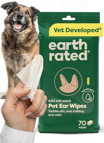 Earth Rated Vet-Developed Pet Ear Wipes, Hypoallergenic Cleaner for Dogs & Cats Ears to Remove Dirt and Wax Build Up, Wild Oat Scent, 70 Count