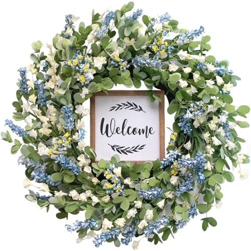 CIR OASES Artificial Blue Wreath for Front Door, 20 inch Artificial Leaves and White Flowers Wreath with Welcome Sign, Spring Greenery Wreaths for Front Door Wall Window Festival Decor