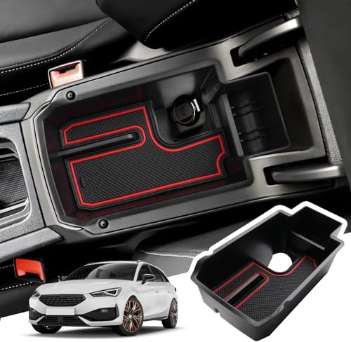 BIBIBO Mittelkonsole Aufbewahrungsbox für 2020-2024 Seat Leon MK4 / Cupra Leon/Cupra Formentor, Organizer mit Rutschfestermatte, Mittelarmlehne, Ablagefach, Auto Armlehnenablage Zubehör (Rot)