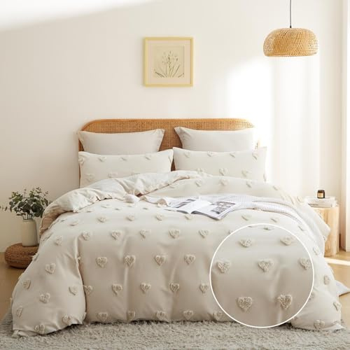 Freyamy Boho Bettwäsche 135x200cm 4teilig Beige Getuftet Herz Bettwäsche-Sets Stickerei Shabby Chic Bettwaren-Sets Microfaser Deckenbezug 2 Bettbezug mit Reißverschluss und 2 Kissenbezug 80x80cm