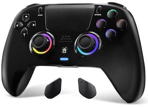 DoJoZone Mando Inalámbrico Compatible con PS4/Pro/Slim, Bluetooth Gaming Mandos con Hall Effect Joysticks(Sin Drift)/Trigger, Luz RGB, Doble Vibración, Detección 6 Ejes, Botones Programables, Negro
