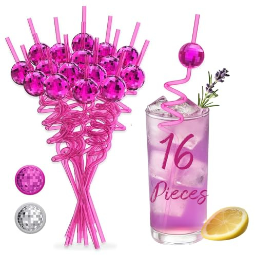 16PCS Disco Party Decorations, Mini Disco Ball Decor Pink Reusable Straws