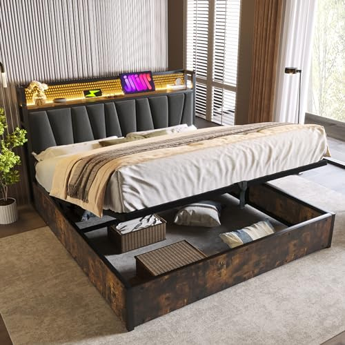 Merax Polsterbett Metallbett 180x200cm mit LED-Beleuchtung, Hydraulisches Doppelbett mit USB Ladefunktion Kopfteil, Bettgestell mit Lattenrost aus Holz, Industrielles Bett, Ohne Matratze, Grau