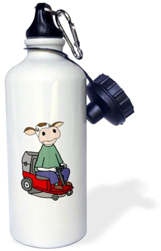 3dRose Cute Funny Cow Driving Riding Lawn mower Mowing Lawn Satire 21 oz Sports Water Bottle
