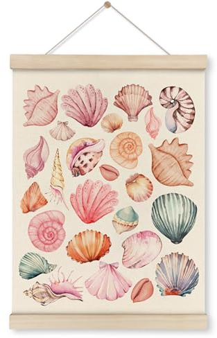 HRQKO Pink Coastal Cowgirl Wall Art Poster Hanger Frame, Seashell Wall Decor, Preppy Wall Decor, Pink seashell Art with Wooden Frames,Seashell Wall Hanging Banner Decor for Teen Girls Room,12x16 Inch