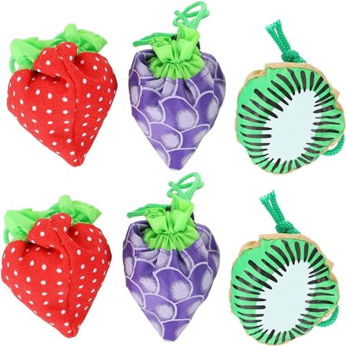 KOMUNJ 6 Stück faltbare Einkaufstasche, Einkaufstasche, Obst Aufbewahrungstasche, tragbare Einkaufstasche, Tragetasche, Polyester Erdbeere, Traube, Kiwi Tasche