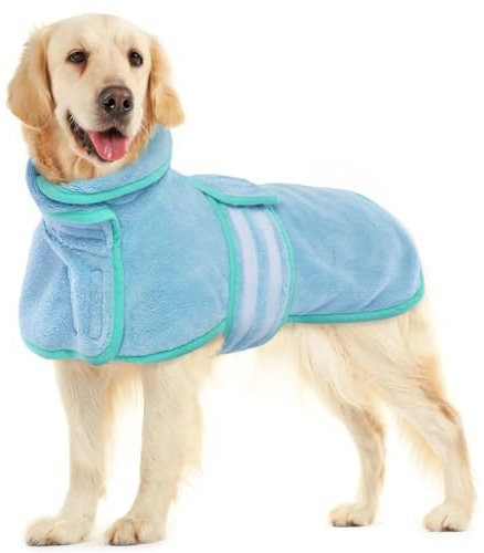 2XL Hundetrockner-Mantel, schnell trocknender Hundebademantel, superabsorbierendes Hundebademantel-Handtuch, Haustierpflege-Tuch für große Hunde, Warmer Verstellbarer Kragen & Bauchriemen (Blau, 2XL)