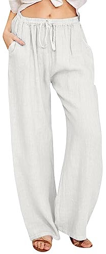 Damen-Hosen mit hoher Taille weitem Bein, modische elastische Hose mit Kordelzug, Bequeme Lange Hose mit geradem Bein Taschen Bequeme Hose Damen Große Größe (White, M)