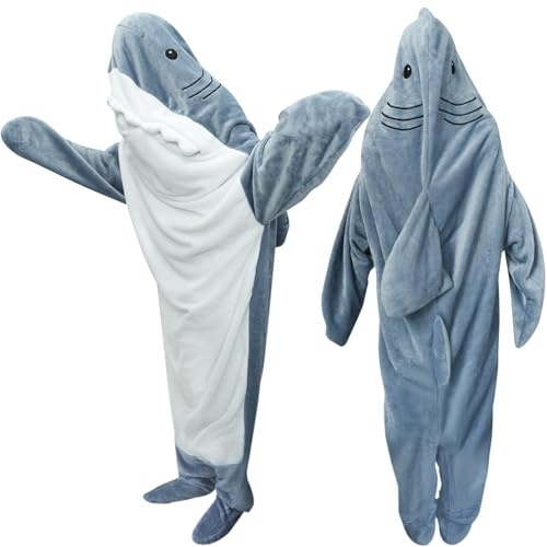 Deserthome Hai-Decke mit Kapuze, Einteiler, tragbar, Hai-Decke, Schlafsack, Blau, 3XL for 71-75in Height