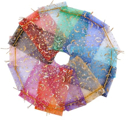 JIHUOO 100 Stück 10 x 15 cm Mondstern-Organza-Beutel mit Kordelzug, Schmuckbeutel, Netz-Geschenkbeutel, Hochzeit, Gastgeschenke, Weihnachten, Süßigkeitenbeutel für Valentinstag