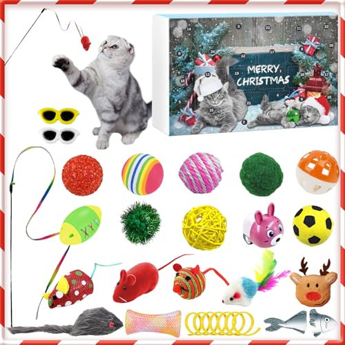 Tyafzzn Katzen Adventskalender 2024, Adventskalender für Katzenspielzeug, 24Pcs Interaktives Kätzchenspielzeug Katzenhalsbänder Sortimente Katze Federstab, Katzenminze Fisch, Mäuse, Bälle und Glocken