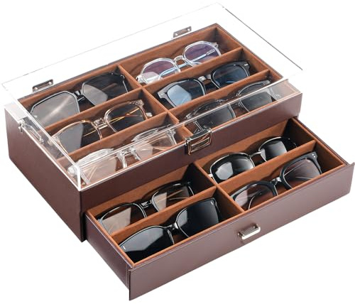 ProCase 2 Etagen Brillenbox 12 Slots Sonnenbrillen Displaybox Aufbewahrungsbox aus Leder Sunglasses Eyeglasses Organizer Brillenschatulle Brillenkoffer mit Glasdeckel -Espresso