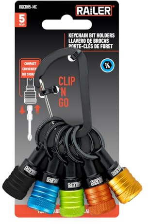 Railer Bit Holder Keychain 5pc - 1/4 inch Hex Shank Bit Holders - Quick-Change Design for Nut Driver, Screwdriver & Drill Bits, Include Keychain Carabiner (Multi-Color)
