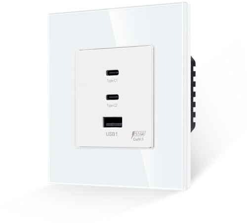JIMEIDA Steckdose Weiß 65W Schnellladung 2 Type-C und 1 USB-A Schnittstelle Unterputz Glas Steckdose 86 * 86mm