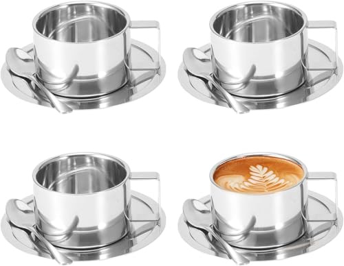Kaffekoppsset I Rostfritt Stål,200ml set Isolerat Kaffekoppsset Dubbelväggiga Muggar Mjölkte Med Sked Fat För Kaffe Latte Te Mjölk (4 Pcs)
