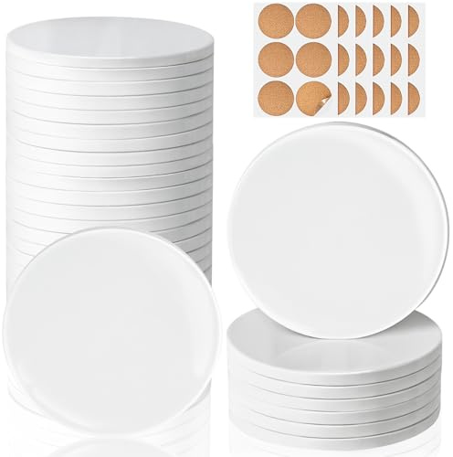 36 PCS Sublimation Coasters Glossy Glazed Ceramic Tiles with Cork Backings | 4 Inch White Blanks Creative Hobbies Ready to Paint Ceramics for Alcohol Ink, Acrylic Pouring, Painting, Decoupage, Round