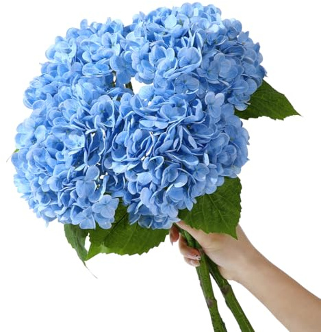 Wenhuidr Artificial Hydrangea Flower 4PCS Large Latex Real Touch Fake Flowers Faux Silk Hydrangea Bouquet for Home Table, Wedding, Garden Party, Halloween Decor, Realistic Floral Arrangements (Blue)